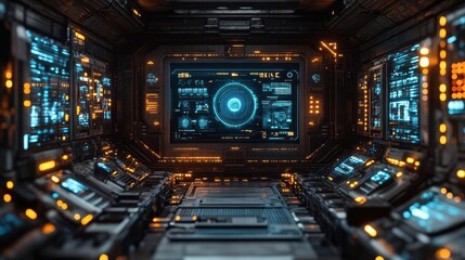 Naklejka premium futuristic factory interior holographic interfaces robotic arms smart manufacturing process blue tech glow industry 40 concept visualization