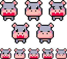 Obraz premium set of cute hippopotamus in pixel art vector