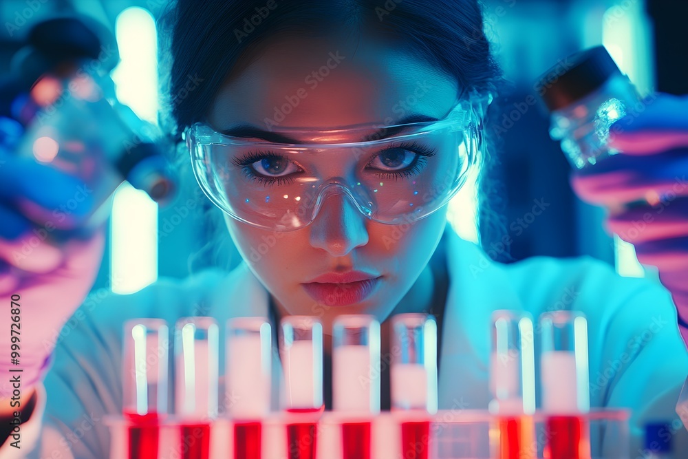 Poster scientist conducting experiment with vials and test tubes