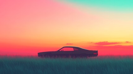 Silhouette of a classic car in a grassy field at sunset, retro concept