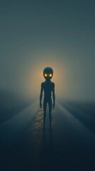 Fototapeta premium Alien figure with glowing eyes standing on foggy road at night, mysterious atmosphere. Science fiction and extraterrestrial concept