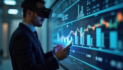  Innovative businessman analyzing data with virtual reality and smartphone
