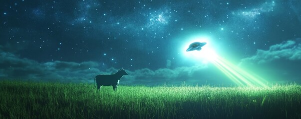 Cow in pasture with ufo at night, extraterrestrial encounter. Alien abduction concept