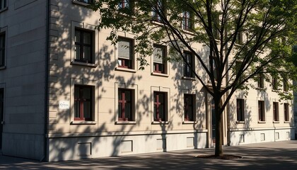 Fototapeta premium Residential Building Facade with Tree Shadow in the Sunlight 