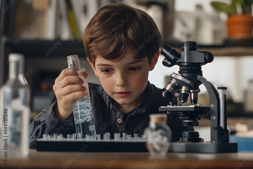 Aufkleber young scientist engaged in experiment with microscope