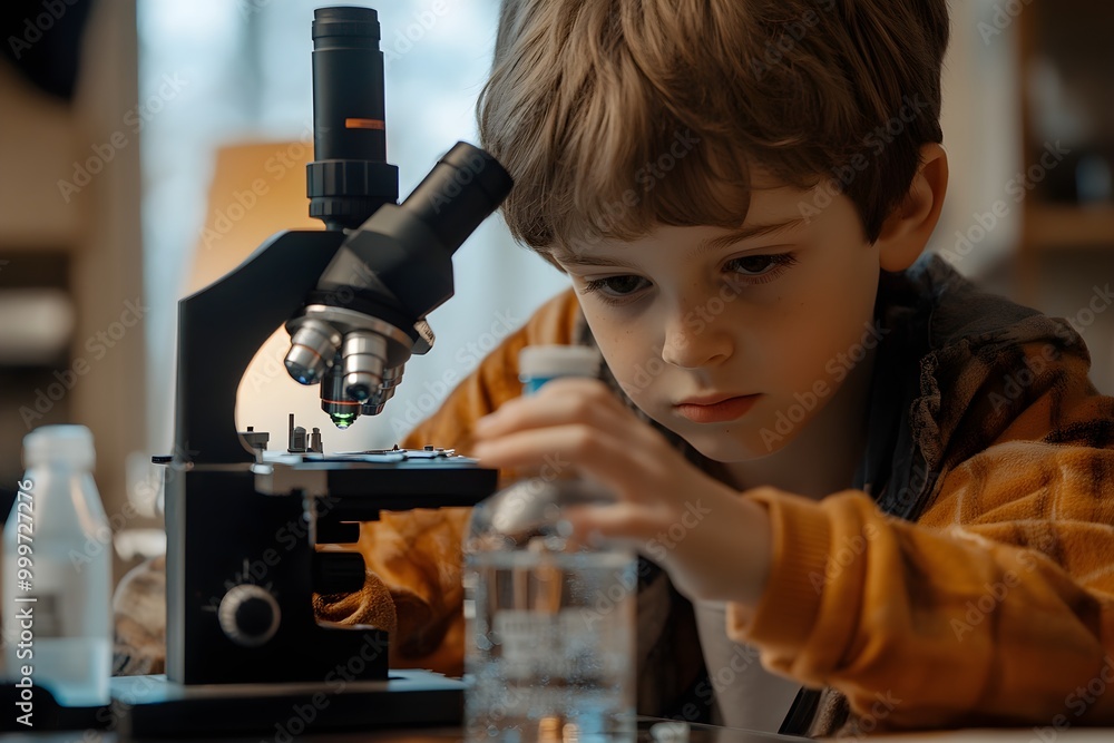 Poster Curious Boy Exploring Science with Microscope