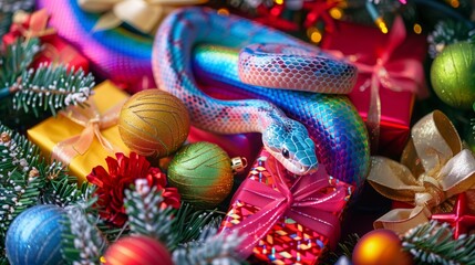 A beautiful, colorful snake crawls over Christmas gifts and tree decorations