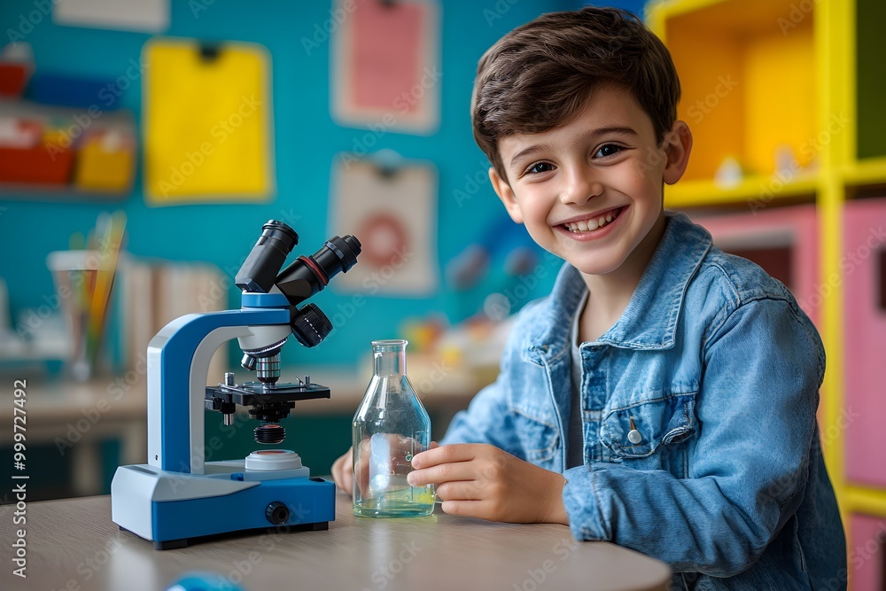 Poster happy child with microscope and experiment bottle