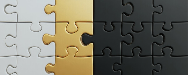 Fototapeta premium metallic puzzle pieces in gold, silver, and black, abstract concept