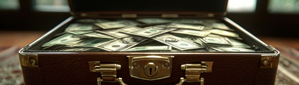 briefcase filled with cash symbolizes wealth and success, showcasing stacks of money that evoke feelings of prosperity and opportunity