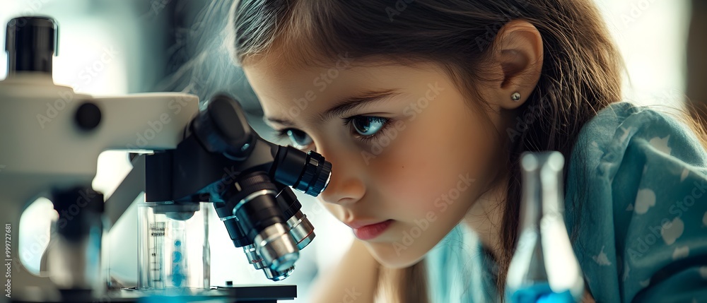 Aufkleber child focusing on microscope in science lab