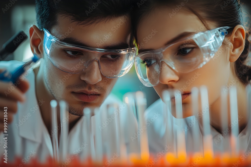 Poster young scientists in laboratory focusing on experiment