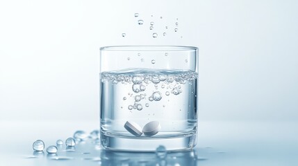 Effervescent tablets dissolving in a glass of water on a white background, health and wellness concept