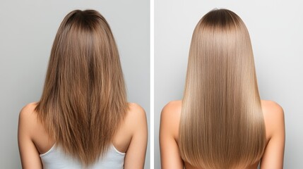 Before and after hair treatment showing healthy, shiny hair.