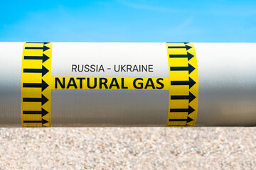 Gas pipeline, above-ground part with gas pumping direction indicator. Concept of gas transportation...