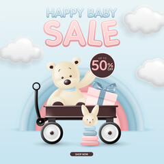 3d Baby and kid clothes and toy sale discount banner with cute bear, toy and gift box in toy wagon for the online post template, sales promotion, clearance store, social media, kid shop. vector