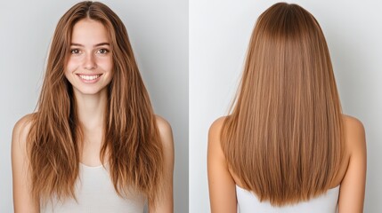 Fototapeta premium Before and after photo of a woman with long brown hair, showcasing a hair treatment or styling product.