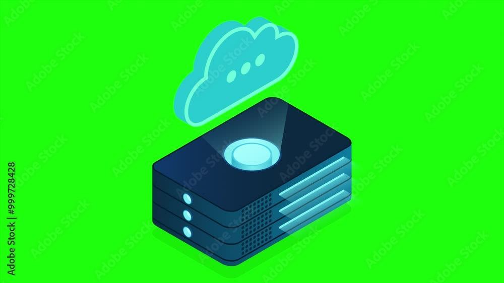 Poster isometric cloud database animation. cloud computing and file cloud storage. modern technology. motio