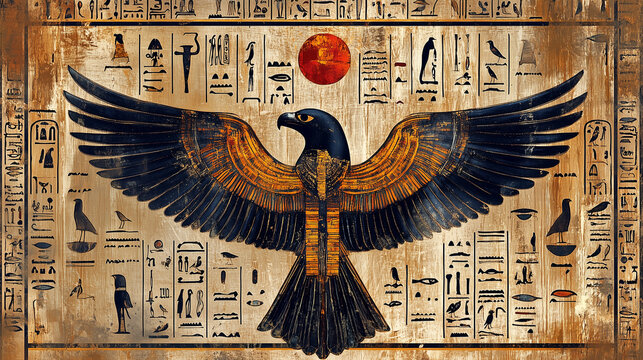 Starożytne egipskie hieroglify wyryte na antycznym tle, pełnym ślad&oacute;w historii i tajemniczej symboliki.

