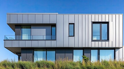 This striking modern building features a flat gray roof and sleek black windows. The white-walled structure stands out in the urban landscape, showcasing contemporary architecture