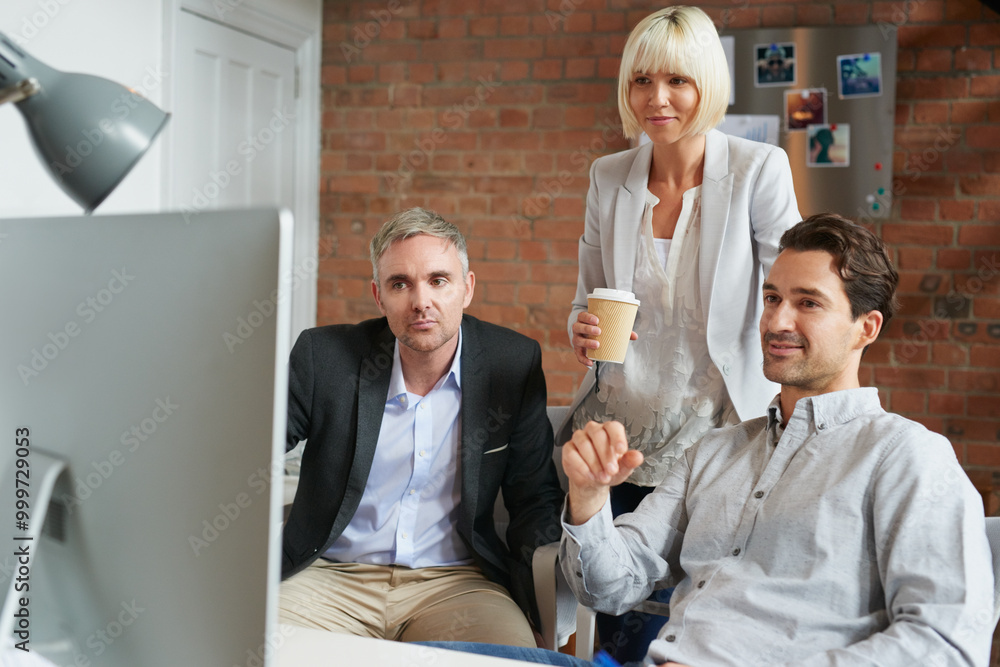 Poster creative, planning and business people in office with computer, discussion or web collaboration. dev