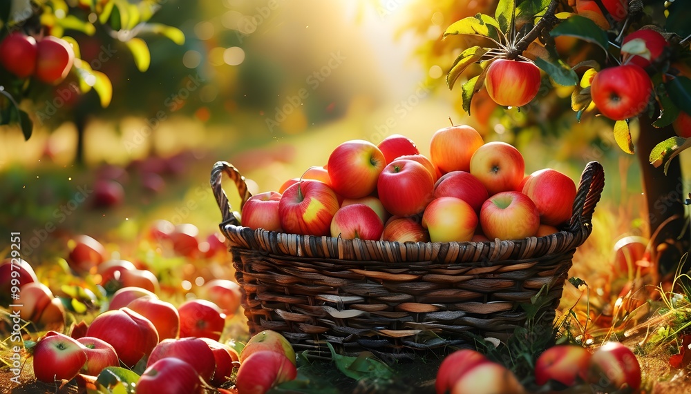 Wall mural autumn harvest symphony with vibrant ripe apples in sunlit orchard