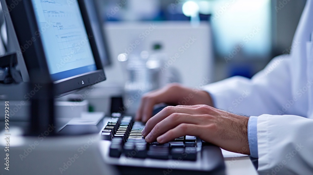 Poster close-up of a person's hands typing on a keyboard in a lab setting.