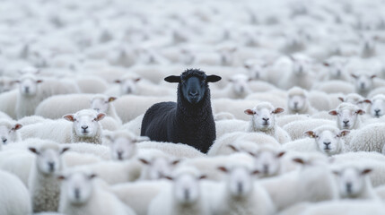Black sheep standing out in a herd of white sheep, symbol of uniqueness and individuality