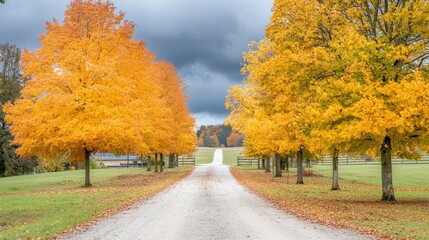 Naklejka premium A serene gravel path lined with vibrant orange trees under a cloudy sky.