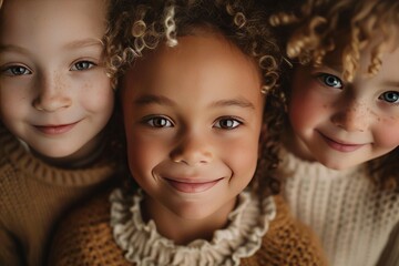 Closeup of three young children, two girls and one boy with dark skin tone in the middle looking into camera smiling