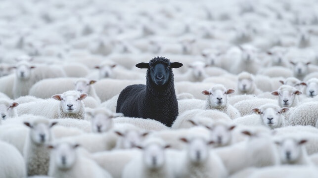 Black sheep standing out in a herd of white sheep, symbol of uniqueness and individuality