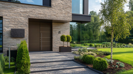 Nowoczesne drzwi wejściowe do domu wiejskiego, zaprojektowane z dbałością o szczeg&oacute;ły, wyr&oacute;żniają się elegancką stylistyką, kt&oacute;ra harmonizuje z luksusowym ogrodem.