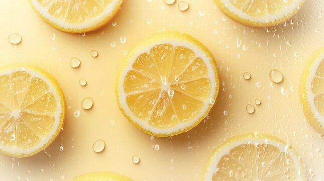 lemon and lemon slices wallpaper on a light yellow background. Virtual 4K video animation background with looping time lapse with very smooth graphics.