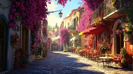 A picturesque street adorned with vibrant flowers and charming cafes.