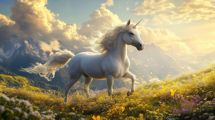 Magiczny jednorożec w fantastycznym świecie pełnym puszystych chmur i bajkowych łąk, otoczony kolorowymi kwiatami i magiczną aurą.