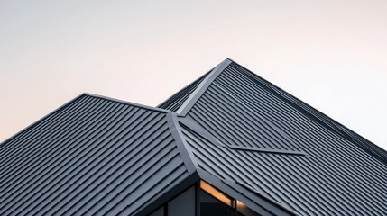 This striking modern building features a flat gray roof and sleek black windows. The white-walled structure stands out in the urban landscape, showcasing contemporary architecture