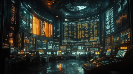 Obraz premium futuristic stock exchange floor holographic displays bustling traders neon data streams sleek glass architecture