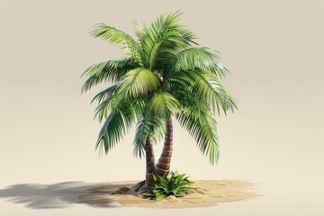 Obraz premium A lone palm tree stands on a tiny island in the middle of the ocean, surrounded by calm waters