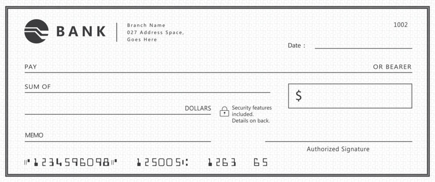 Blank bank cheque. Personal desk check template with empty field to fill.