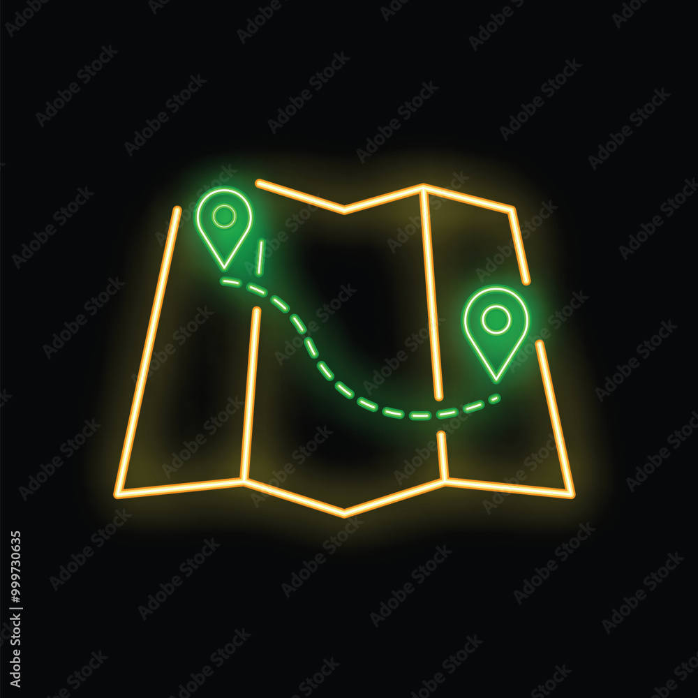 Aufkleber neon sign showing a map with a dotted line showing a route between two points marked with location p