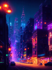 digital painting of city at night with colorful lights.