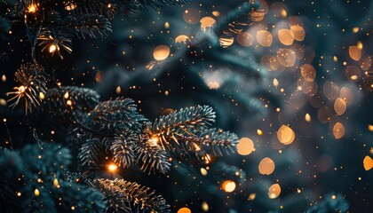 Close-Up of Pine Tree Branches with String Lights and Bokeh Effect