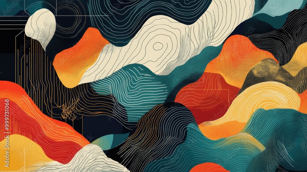 Poster abstract colorful landscape with flowing lines and shapes, evoking a sense of movement.