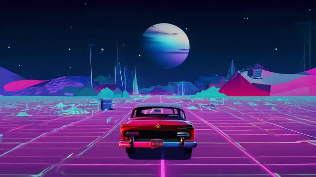 Immerse rself nostalgic 80s retro country drive featuring vintage car cruising stylized rural landscape starry night sky captured outrun VJ style making perfect backdrop music videos DJ clubs
