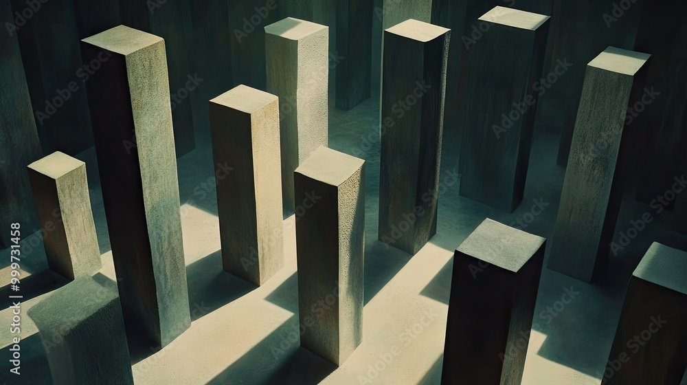 Poster abstract arrangement of tall, rectangular pillars casting shadows in a dimly lit space.