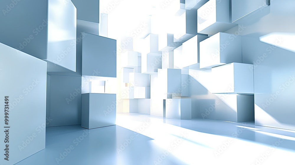 Aufkleber abstract 3d space with white cubes and soft lighting, creating a serene atmosphere.