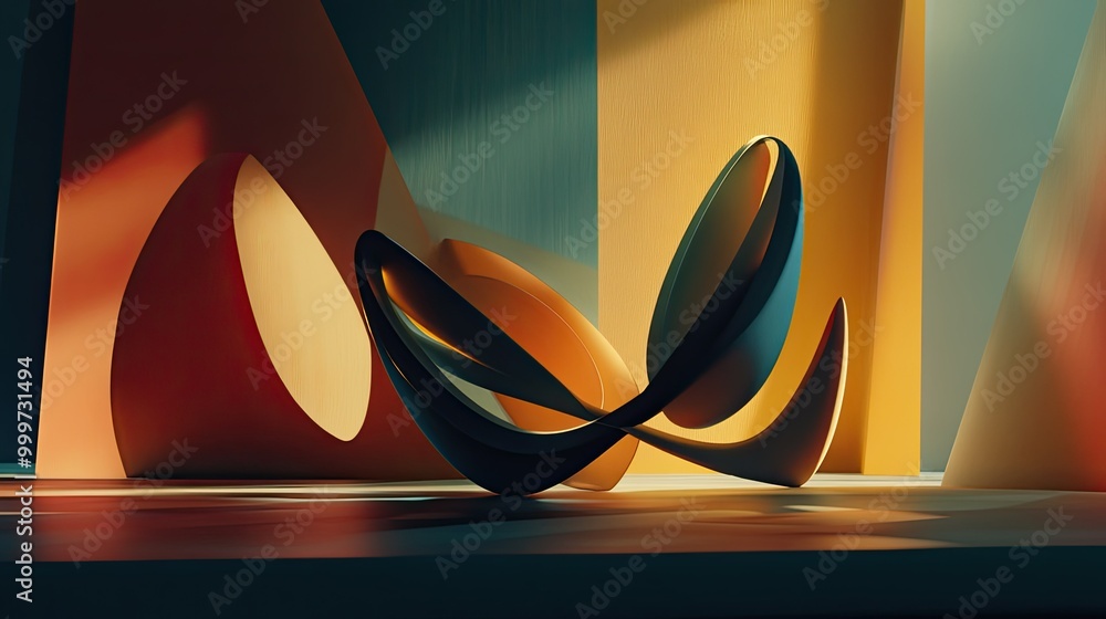 Poster abstract sculpture with smooth curves and vibrant colors in a minimalist setting.