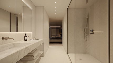 W eleganckiej łazience z osobną toaletą znajduje się prysznic z ścianą wykonaną z marmurowych płytek w kształcie jodełki, co dodaje wnętrzu nowoczesnego charakteru.