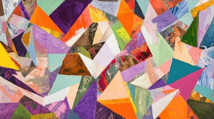 A vibrant abstract artwork featuring colorful geometric shapes and textured surfaces.