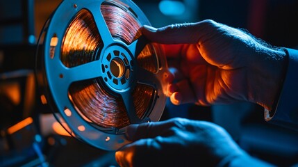 Close-up of a person's hands holding a reel of film with glowing orange light in the background.